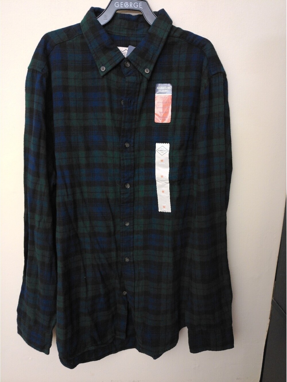 NWT St John's Bay Flannel Shirt Mens M Black Watch Plaid Green Blue Button Down